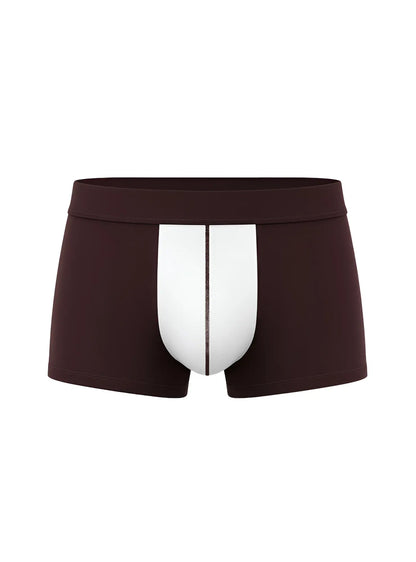 Soft stretch contrast trunk dark brown boxer briefs with central white panel and thin black vertical stripe