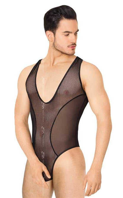 Body string en maille et transparent à col en V profond Softline Noir 4609 Taille M/L