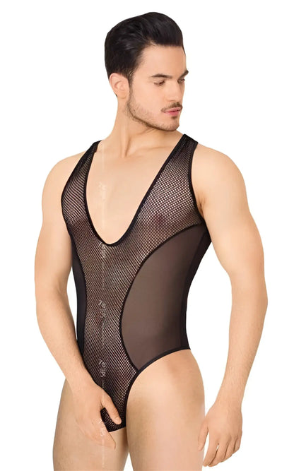 Black mesh one-piece bodysuit with deep v-neckline and solid black trim softline size m/l