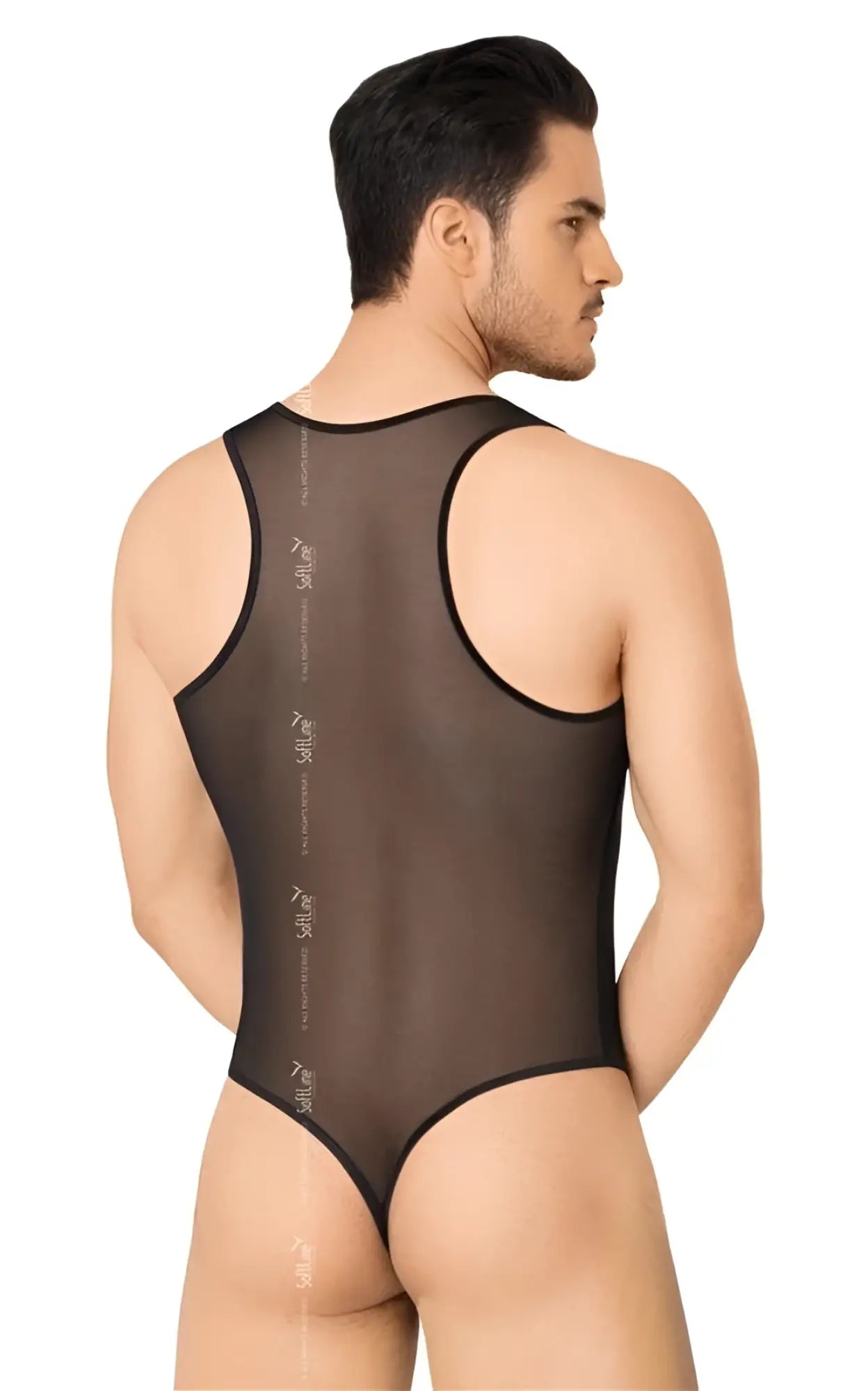 Black sheer mesh thong bodysuit with black trim and subtle vertical branding on back in size m/l