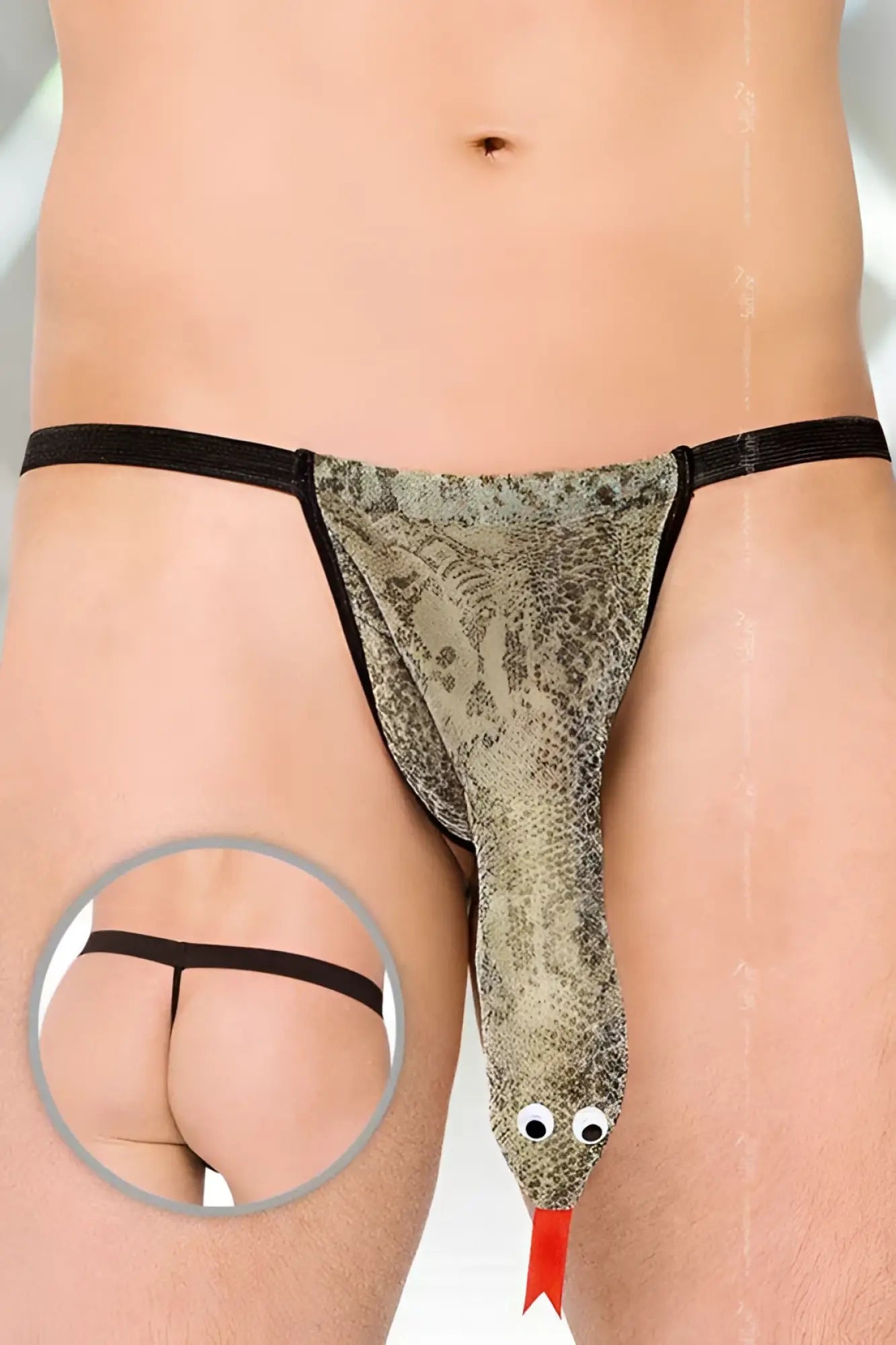 Softline snake g string underwear size S/L with green and brown snake pattern black trim googly eyes and red tongue detail