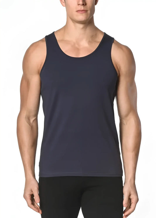 Dark navy blue sleeveless tank top made of solid stretch jersey with a simple fitted design
