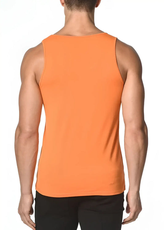 Orange solid stretch jersey sleeveless athletic tank top designed for comfortable activewear use