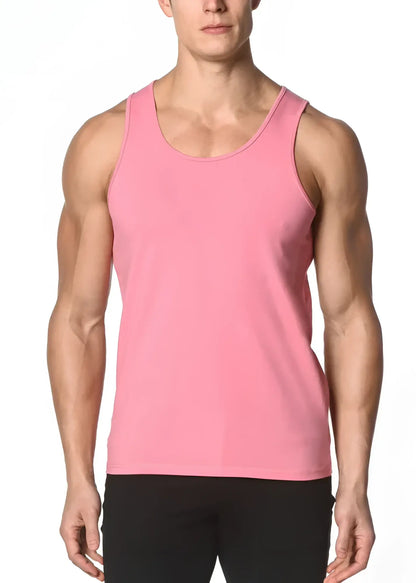 A sleek solid pink sleeveless solid stretch jersey tank top with rounded neckline and smooth fabric