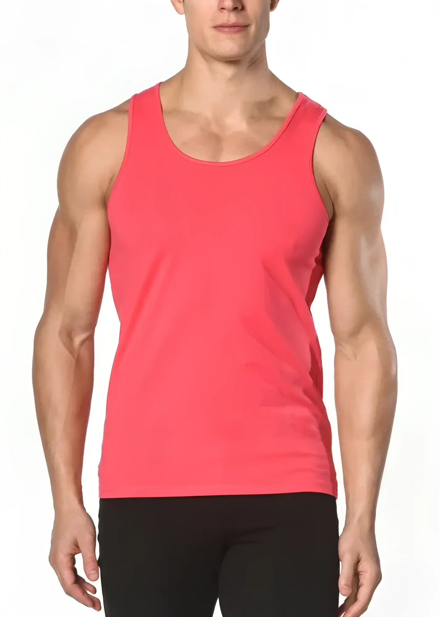 A vibrant coral solid stretch jersey tank top with a sleeveless design and smooth fabric perfect for casual wear