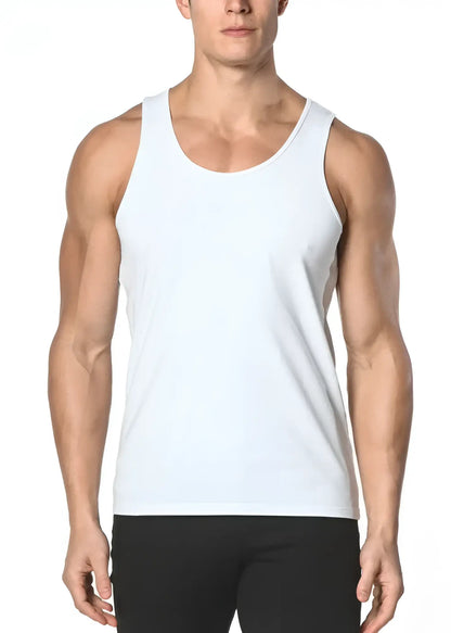 White sleeveless solid stretch jersey tank with simple clean design made from soft stretchy fabric