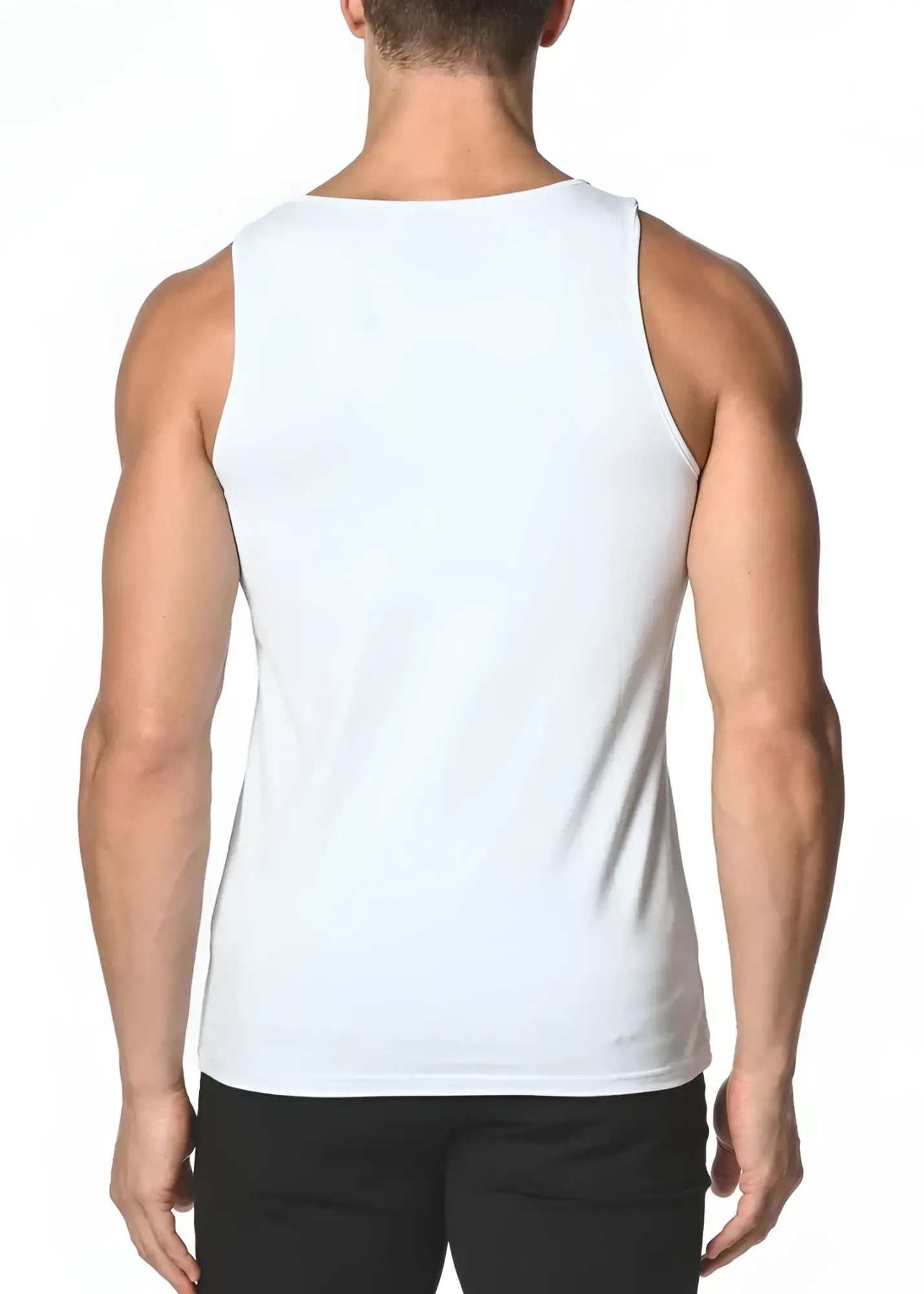 White sleeveless solid stretch jersey tank top with a simple fitted design for casual and active wear