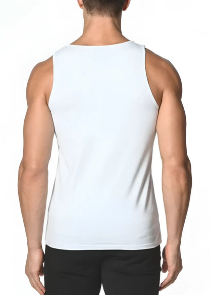 White sleeveless solid stretch jersey tank top with a simple fitted design for casual and active wear