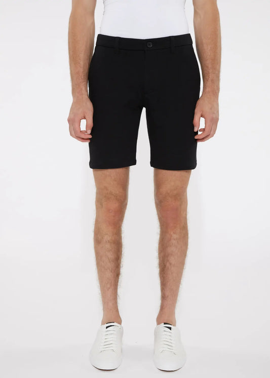 Black solid stretch knit short tailored chino shorts with modern cut and subtle stitching details
