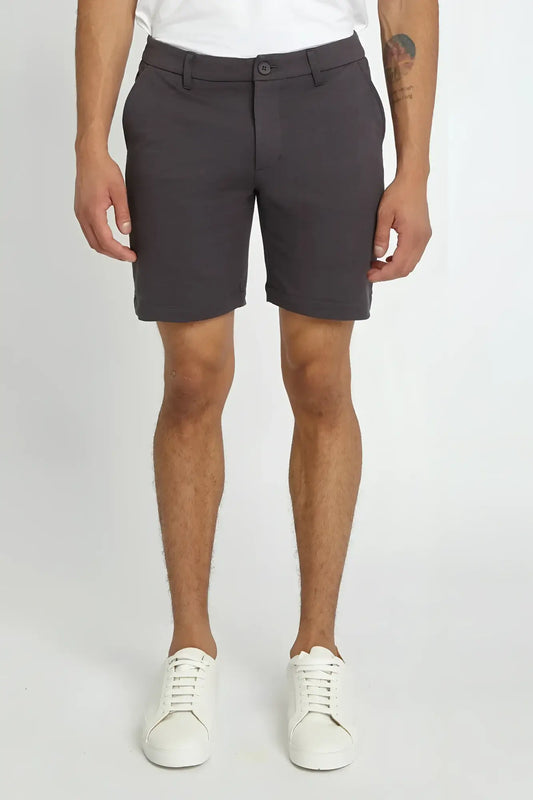 Dark gray solid stretch knit chino shorts with classic fit and button closure for comfortable casual wear