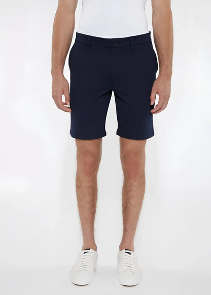 Navy blue solid stretch knit chino shorts with classic fit and button closure for comfortable everyday wear