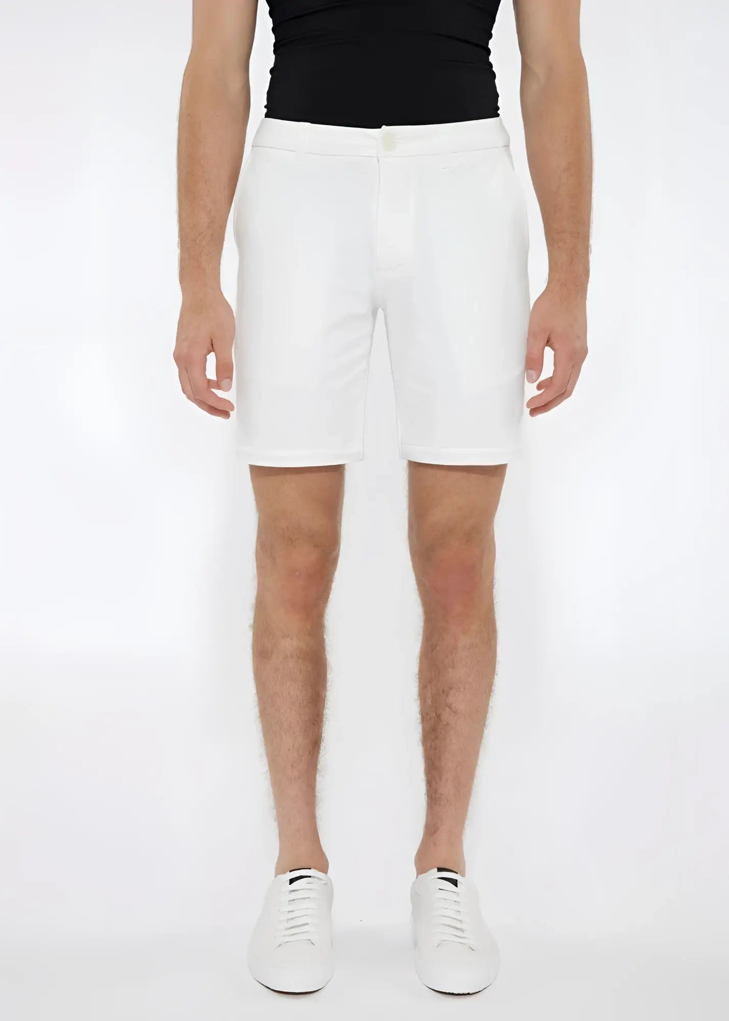 White cotton solid stretch knit shorts with tailored fit and subtle side pockets for comfortable wear