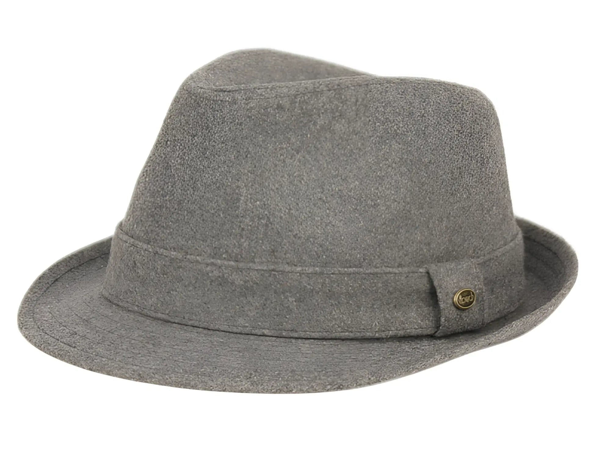 Gray solid wool fedora with subtle textured weave and small brass button on the side in two colors available