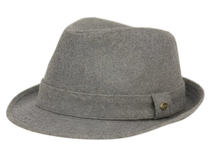 Gray solid wool fedora with subtle textured weave and small brass button on the side in two colors available