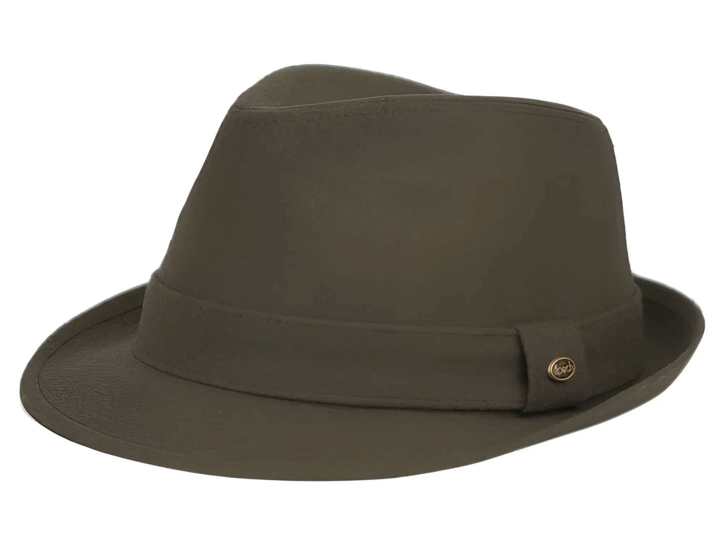 Olive green solid wool fedora with matching band and gold toned button for stylish headwear options