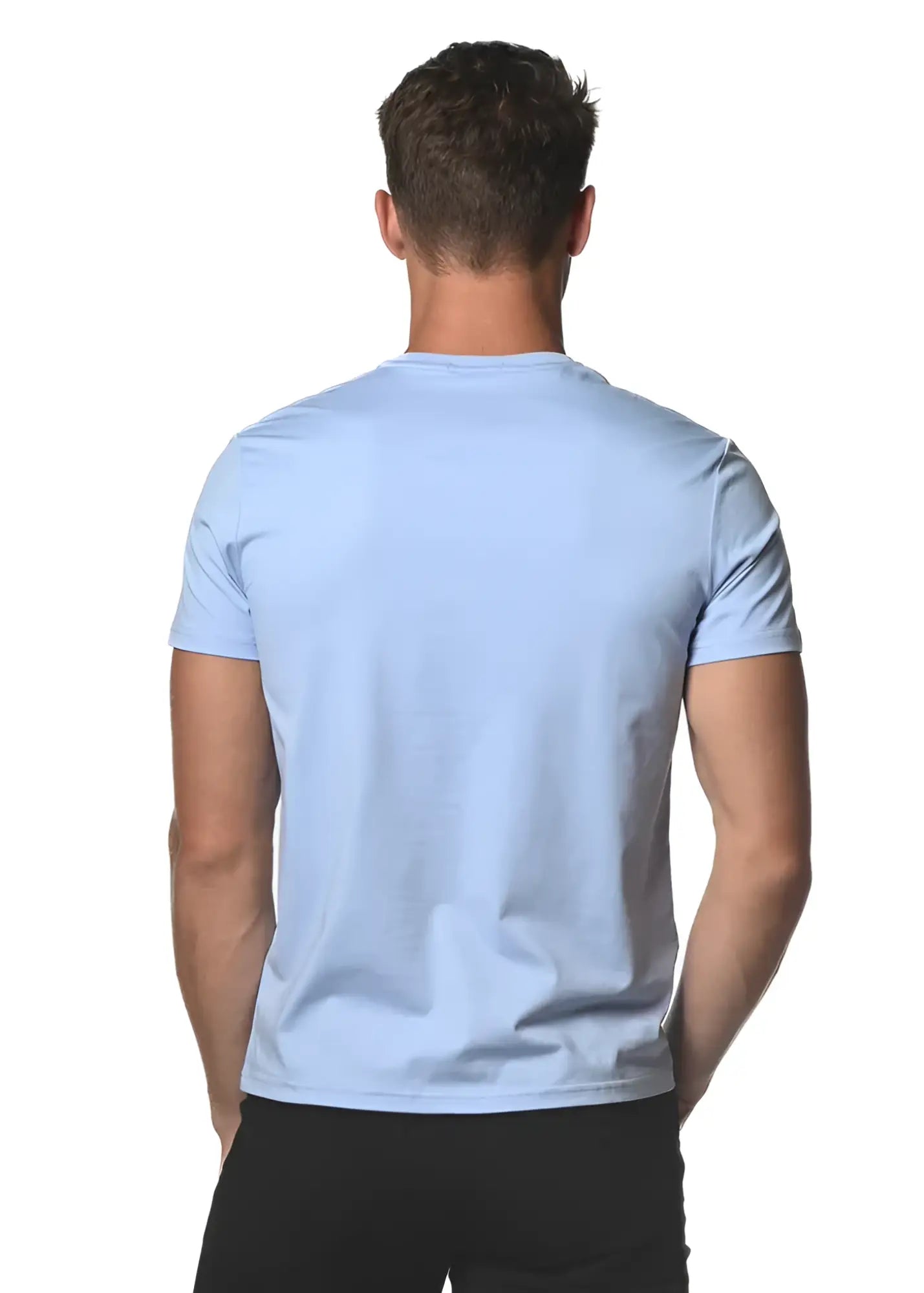 Light blue short-sleeved crew neck sorona tee made from sustainable sorona fabric for casual wear