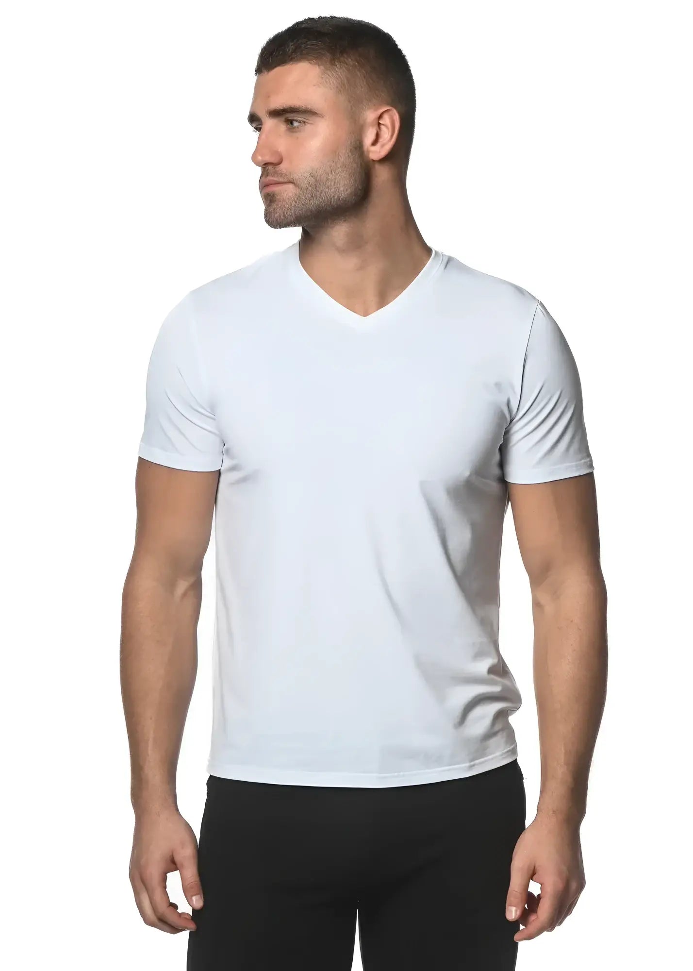 White sorona v-neck tee featuring a short sleeve design made from sustainable sorona fabric for everyday wear