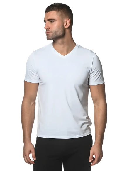 White sorona v-neck tee featuring a short sleeve design made from sustainable sorona fabric for everyday wear
