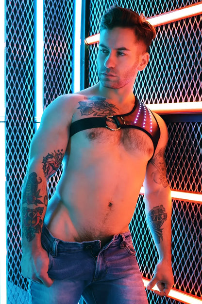 Black leather Soundwave Synergy Harness with glowing LED lights showing front side design and details