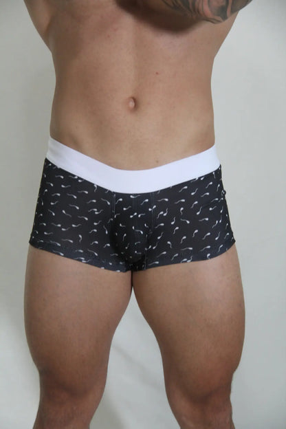 Black sperm trunk boxer briefs with white elastic waistband and light mustache pattern for comfortable everyday wear