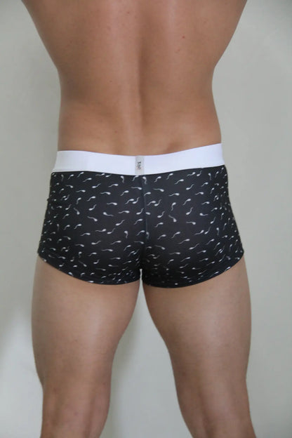 Black boxer briefs sperm trunk with white waistband and white stylized sperm pattern for casual wear