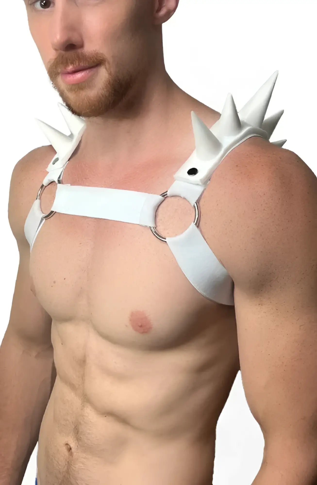 White spiked bulldog harness made of leather with circular metal rings for secure and stylish wear