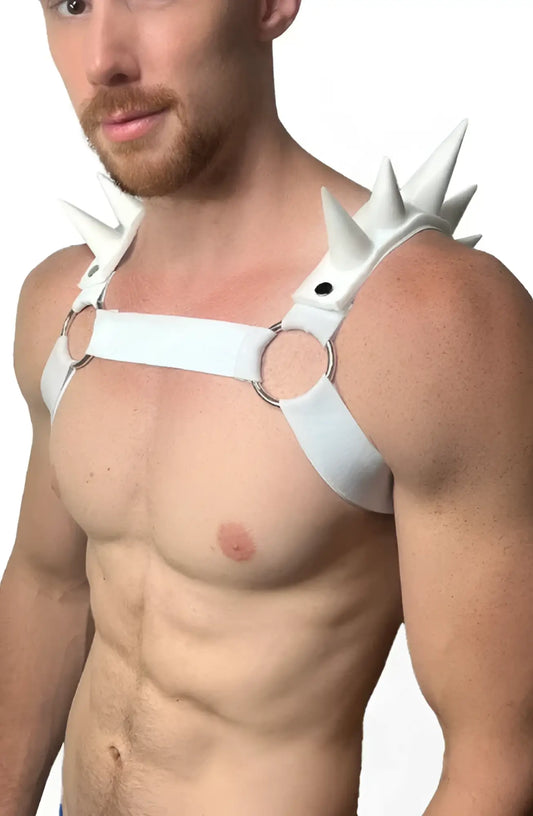 White spiked bulldog harness made of leather with circular metal rings for secure and stylish wear