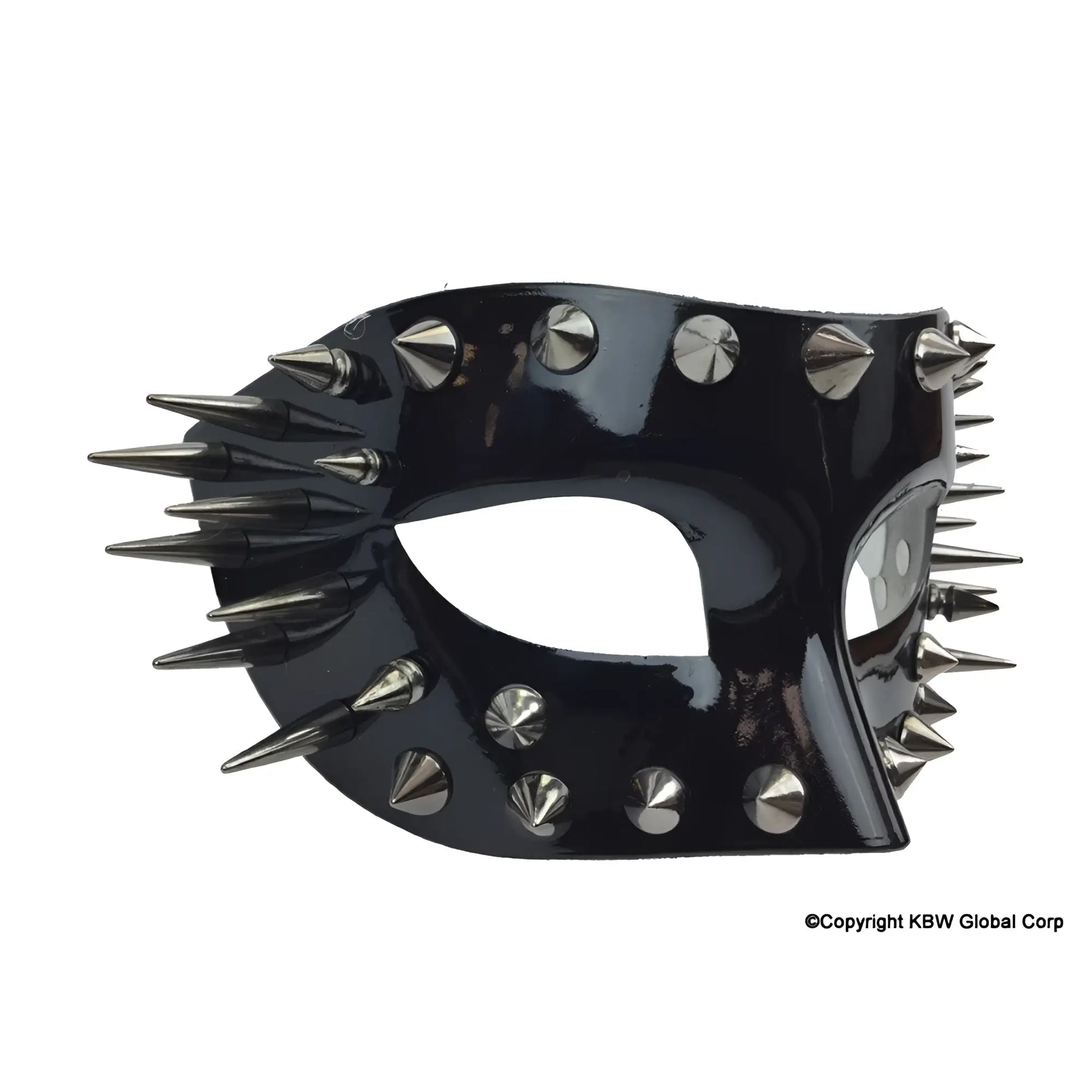 Black glossy leather half face mask with silver-toned spikes and studs available in red or black