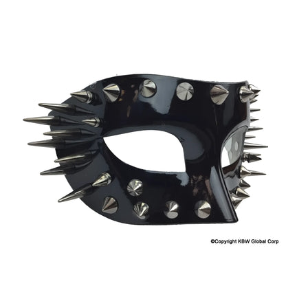 Black glossy leather half face mask with silver-toned spikes and studs available in red or black