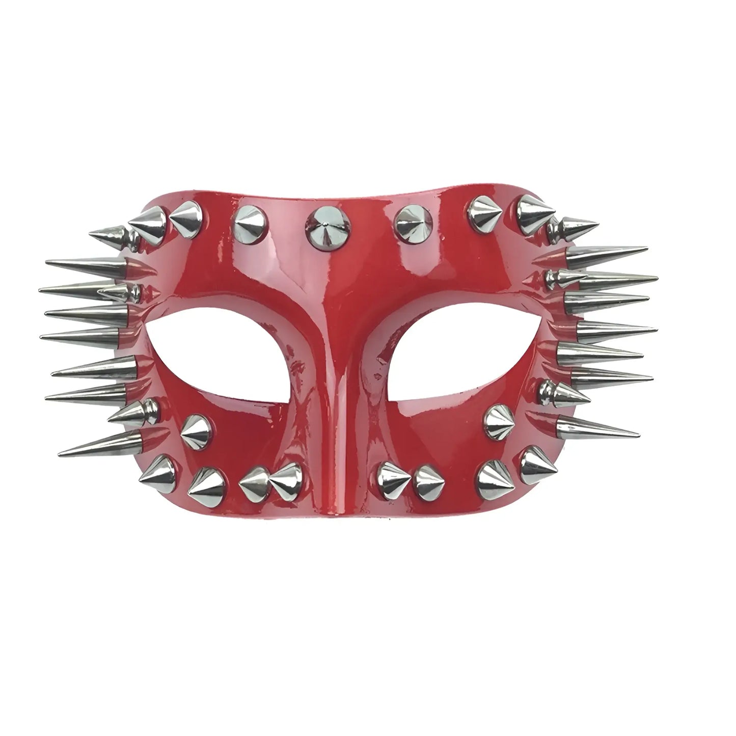 A glossy red half face mask adorned with silver spikes and studs for masquerade or costume use