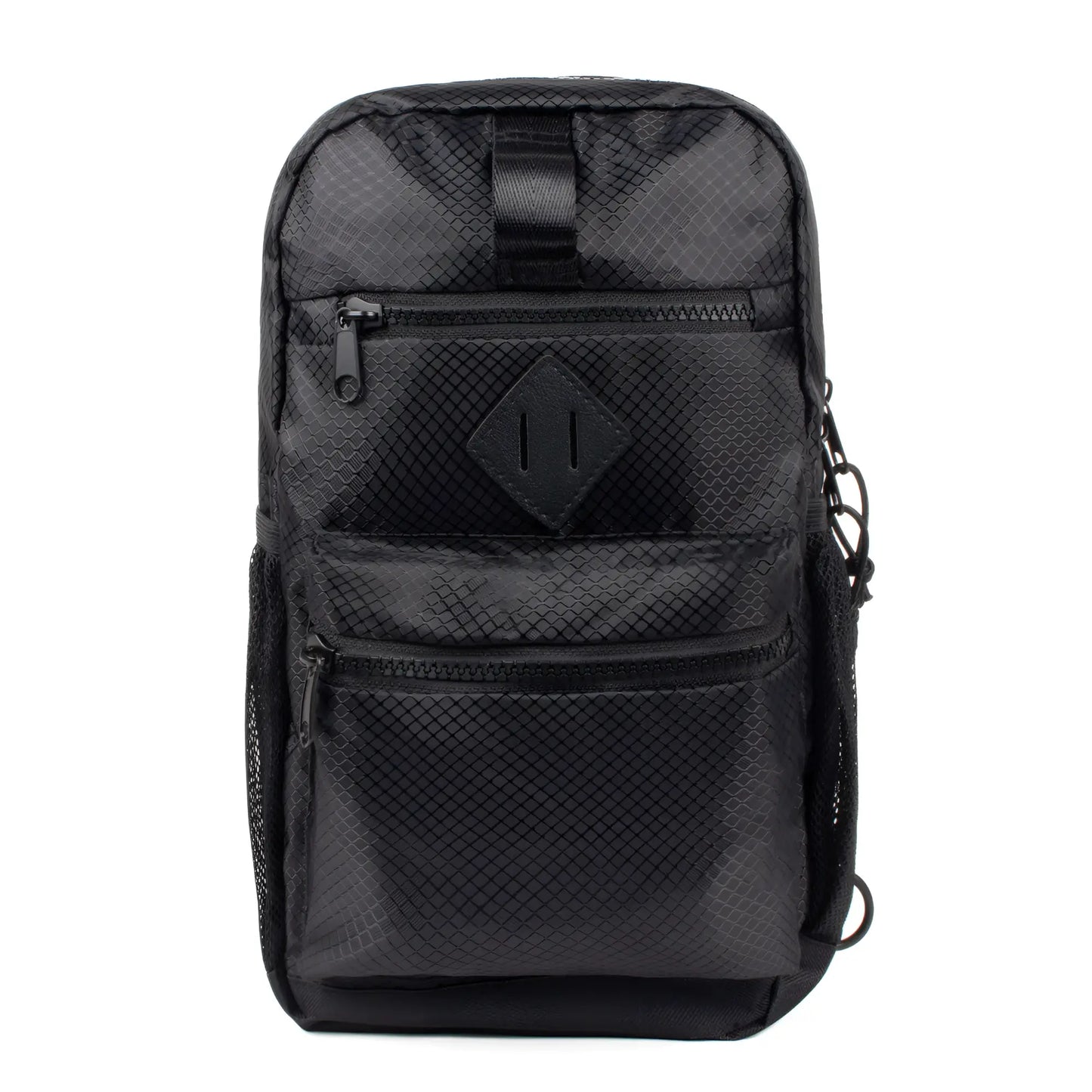 Sport crossbody sling bag in black mesh with diamond patch and multiple zippered compartments for easy storage