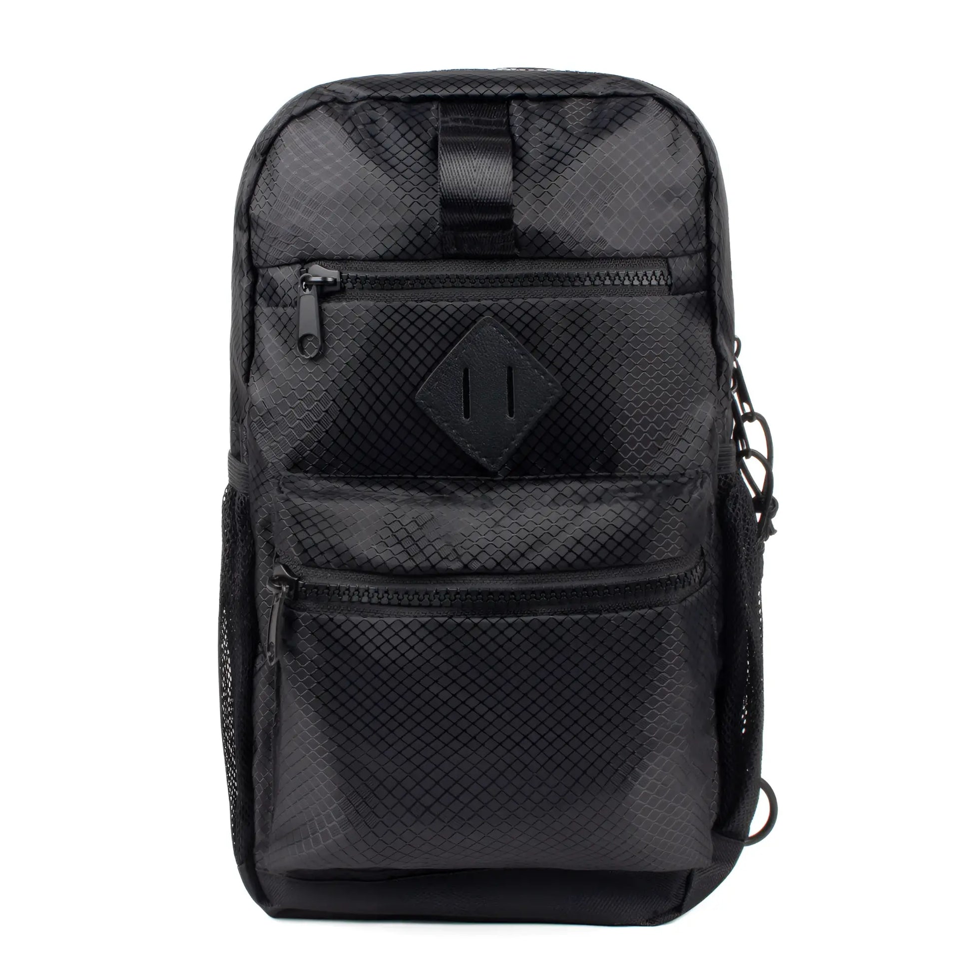 Sport crossbody sling bag in black mesh with diamond patch and multiple zippered compartments for easy storage