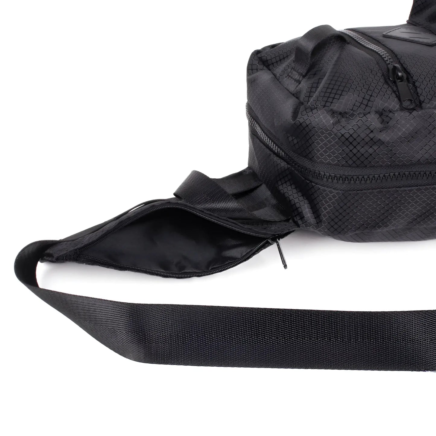 Sport crossbody sling bag in black mesh pattern with wide adjustable strap and multiple zippered compartments
