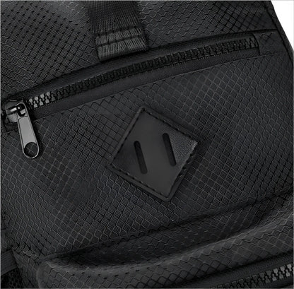 Sport crossbody sling bag in black mesh texture with diamond leather patch and black zipper details