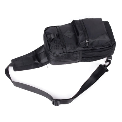 Black sport crossbody sling bag with mesh panels and multiple zippered compartments for tactical use