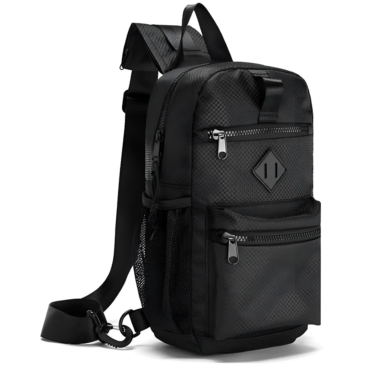 Black textured nylon sport crossbody sling bag with diamond logo patch and mesh side pockets for easy access