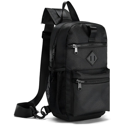 Black textured nylon sport crossbody sling bag with diamond logo patch and mesh side pockets for easy access