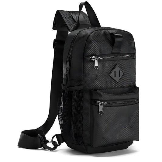 Black textured nylon sport crossbody sling bag with diamond logo patch and mesh side pockets for easy access