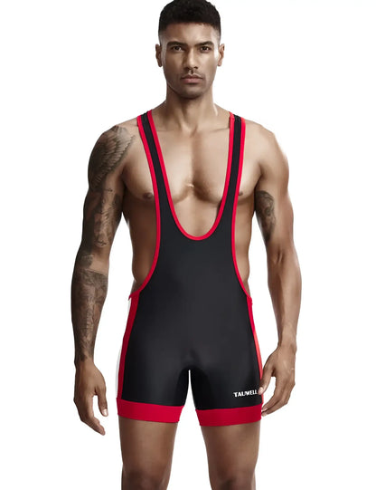 Sport wrestling singlet in black and red with bold red trim along the straps sides and hem for performance use