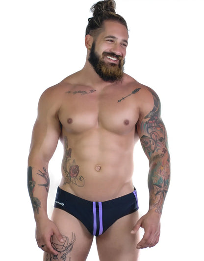 Black Sportivo bikini swim trunks with purple side stripes designed for sporty activewear use