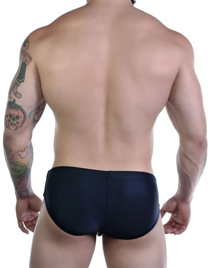 Sportivo bikini black swim trunks with red stripe made of smooth, form-fitting material, front view