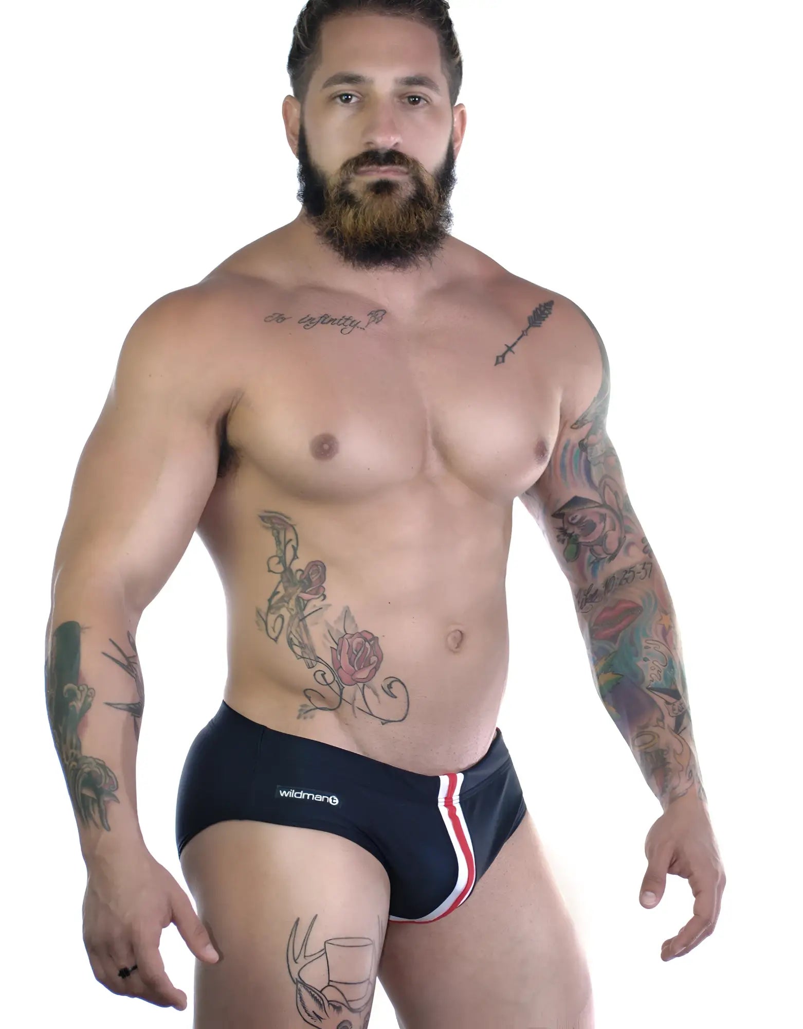 Black sportivo bikini swim trunks with red and white side stripes featuring wildman logo on left leg