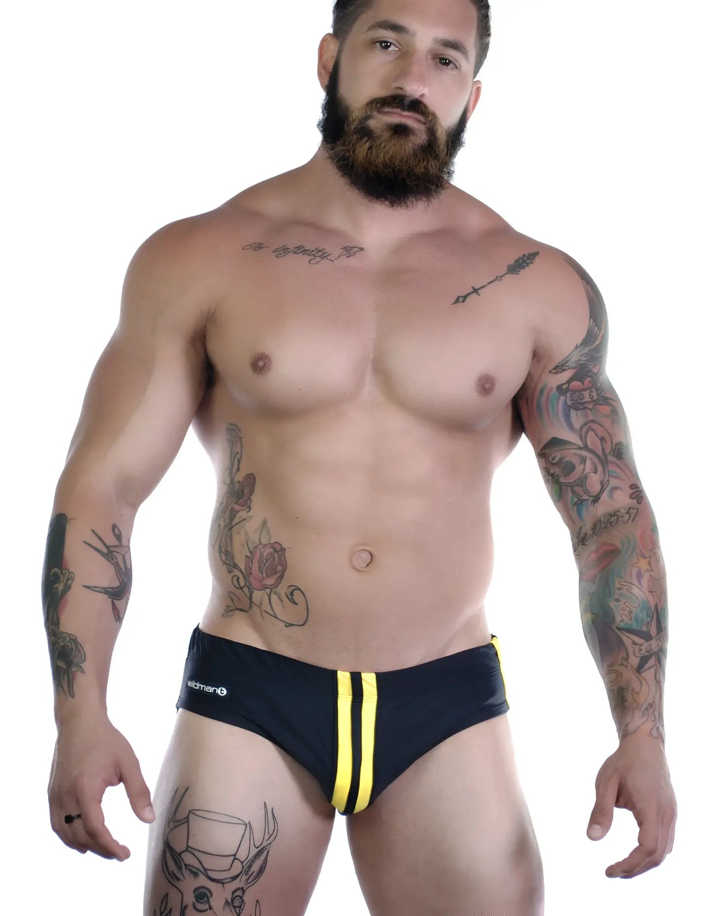 Sportivo bikini black swim trunks with bold yellow side stripes and subtle logo on the waistband