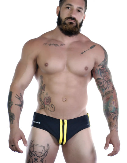 Sportivo bikini black swim trunks with bold yellow side stripes and subtle logo on the waistband