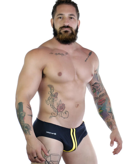 Black swim trunks sportivo bikini with yellow side stripes and wildmen logo on waistband for active use