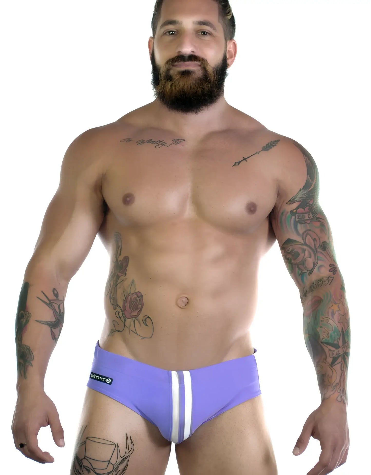 Sportivo bikini purple swim trunks in purple with white vertical stripes and a black brand logo on the left side