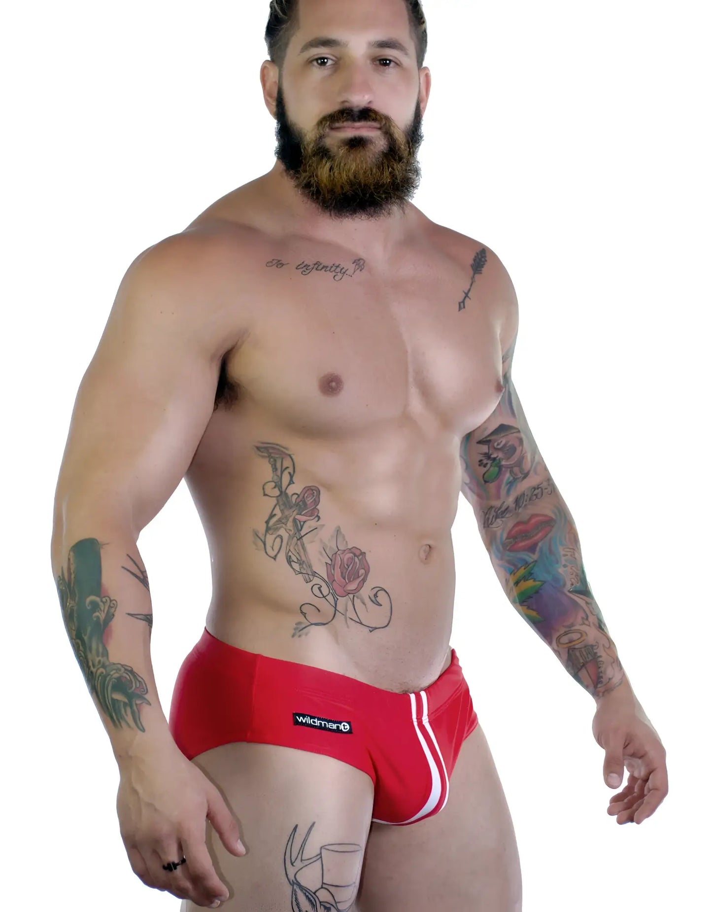 Sportivo bikini red athletic briefs in red with white side stripes and a black wildman logo on the waistband