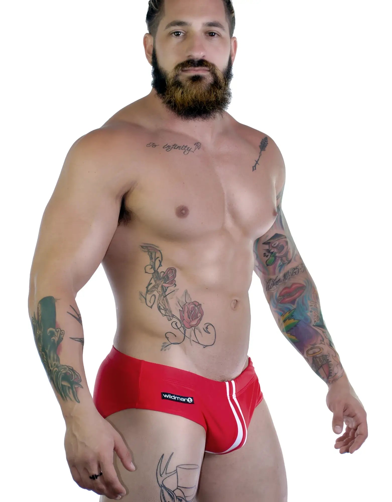Sportivo bikini red athletic briefs in red with white side stripes and a black wildman logo on the waistband