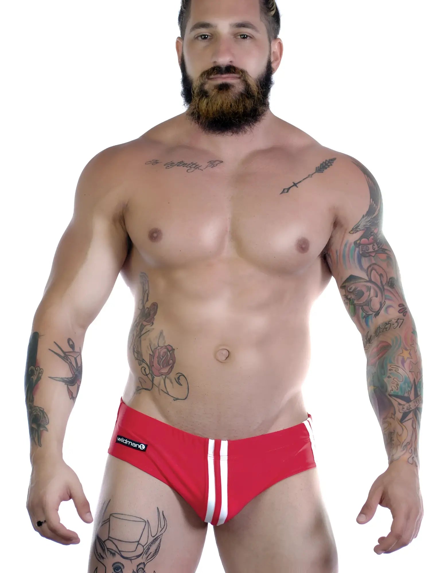 Sportivo bikini red red swim trunks with white side stripes and black brand logo on the left hip front view