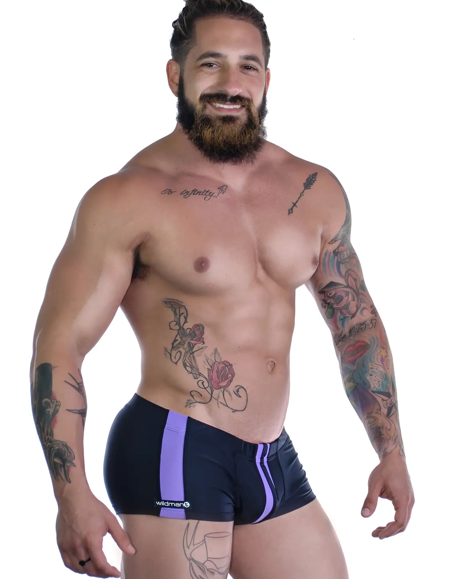 Sportivo square cut black swim trunks with vibrant purple side stripes and subtle white logo on the lower left leg